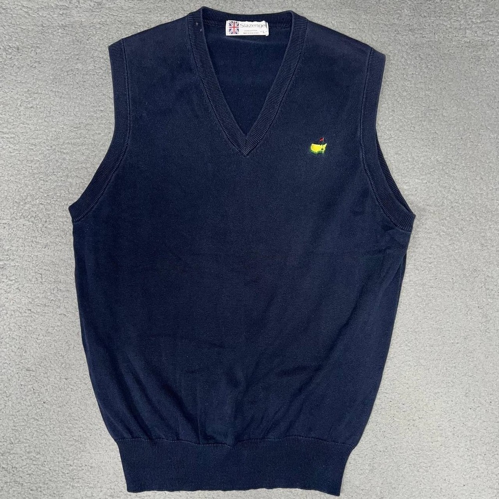 VTG Slazenger x‎ The Masters Sweater Vest Men's Sz L Blue Embroider Golf Grandpa